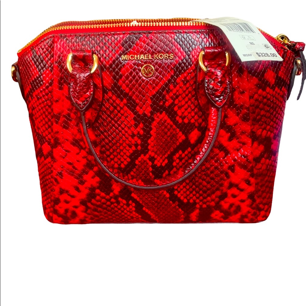 A  red black leopard bag with lot of room in it